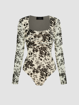 Jacquard Square Neck Ruched Floral Bodysuit