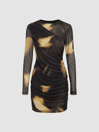 Mesh Tie Tye Ruched Mini Dress
