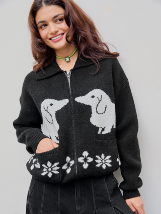 Knit Collar Puppy Graphic Pocket Zipper Cardigan