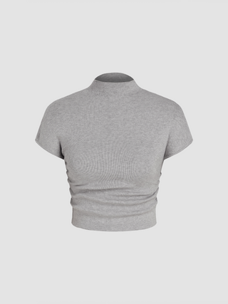 Rib Knit High Neck Short Sleeve Crop Top