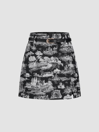 Mid Waist Landscape Belted Mini Skirt