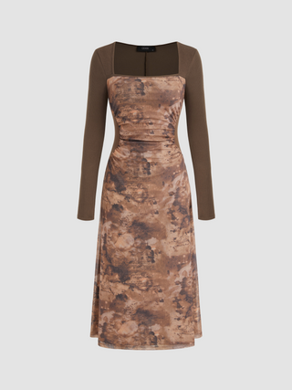 Mesh Square Neck Abstract Tie Dye Split Midi Dress