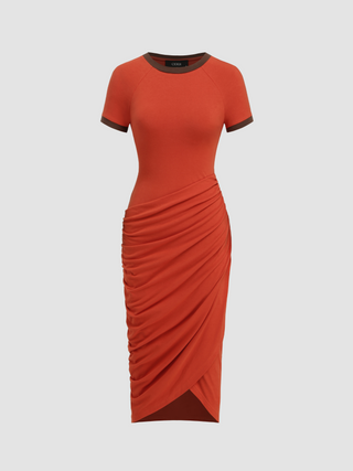 Round Neck Contrasting Binding Wrap Midi Dress