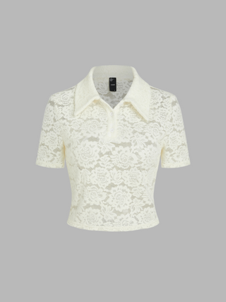 Polo Lace Floral Short Sleeve Crop Top
