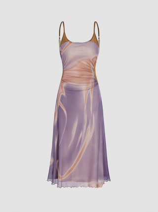 Mesh U-neck Abstract Tie Dye Ruffle Maxi Dress