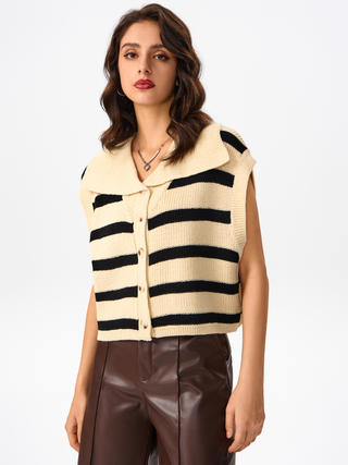 Knit Collar Stripe Button Crop Vest