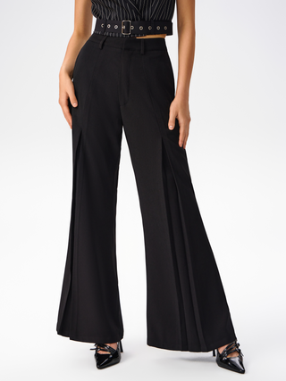 Mid Waist Pleated Flared Trousers