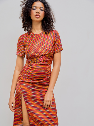 Round Neck Geometric Ruched Split Midi Dress