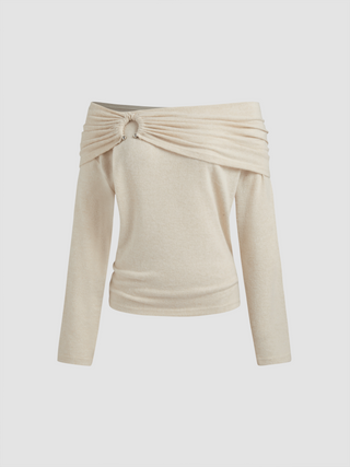 Off-shoulder O-Ring Ruched Knitted Long Sleeve Top