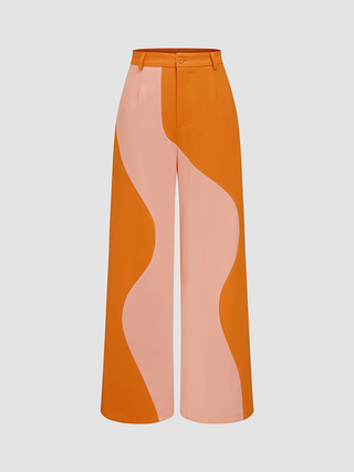 Mid Waist Chevron Contrasting Wide Leg Trousers