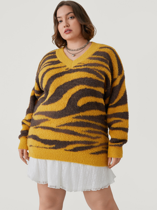 Knit Fuzzy V-neck Zebra Stripe Long Sleeve Top Curve & Plus