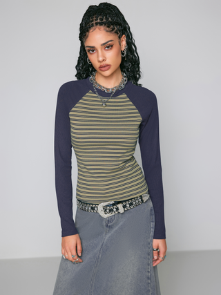 Rib Round Neck Contrasting Stripe Top