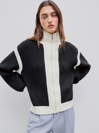 Knit Collar Contrasting Zipper Cardigan