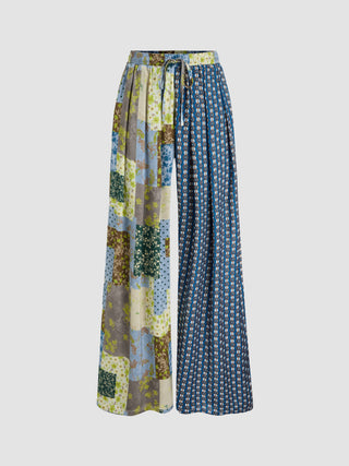 Middle Waist Geometric Asymmetrical Patchy Wide Leg Trousers