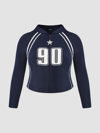 Round Neck Graphic Zipper Hoodie Curve & Plus