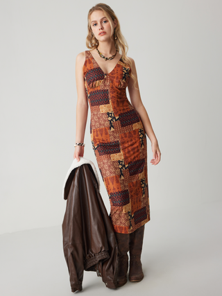Knit V-neck Aztec Geometric Midi Dress