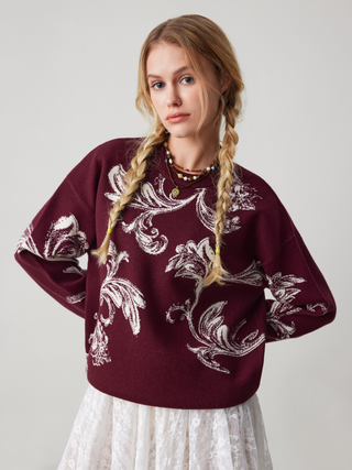 Round Neckline Paisley Knitted Long Sleeve Sweater