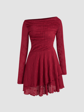 Knit Asymmetrical Neck Floral Layered Mini Dress