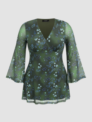 Mesh Floral V-neck Mini Dress Curve & Plus