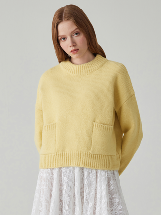 Round Neck Solid Pocket Knitted Long Sleeve Top