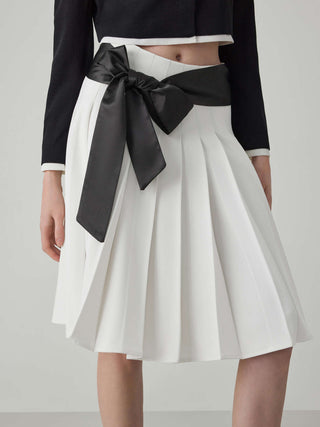 Mid Waist Solid Belted Bowknot Pleated Midi Skirt