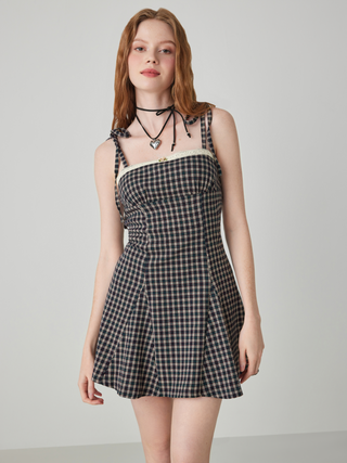 Plaid Bowknot Pleated Mini Cami Dress