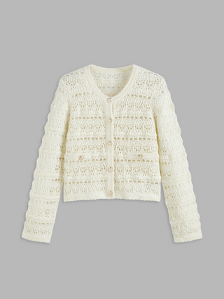 Round Neck Metallic Button Hollow Out Knitted Cardigan