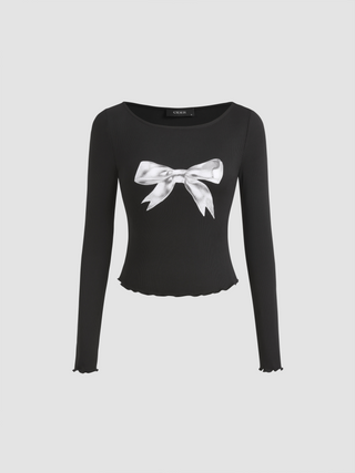 Rib Round Neck Bowknot Long Sleeve Top