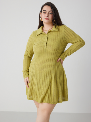 Rib Polo Solid Button Mini Dress Curve & Plus