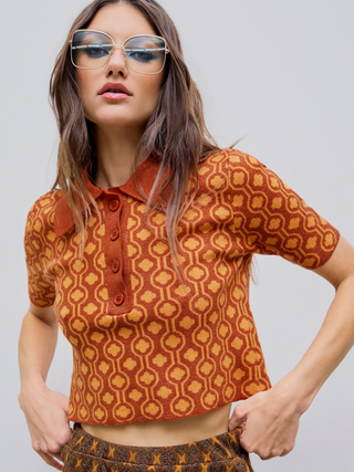 Polo Geometric Knitted Short Sleeve Crop Top