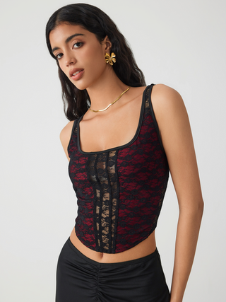 Lace Square Neck Floral Crop Top