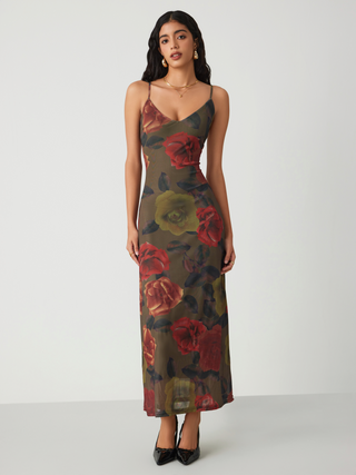 Mesh V-neck Floral Maxi Dress