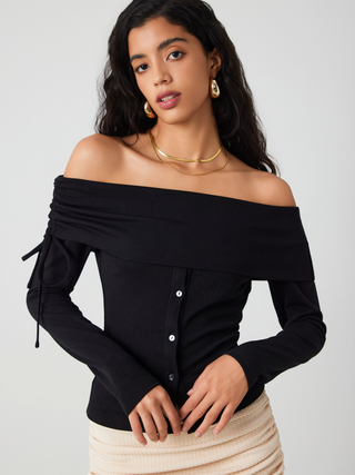 Jersey Off-shoulder Drawstring Button Top