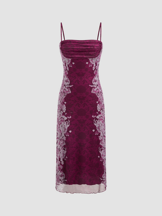 Mesh Collarless Floral Midi Dress