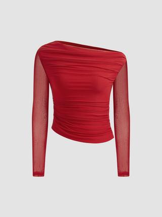 Mesh Asymmetrical Neck Solid Ruched Long Sleeve Top