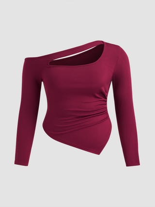 Rib Asymmetrical Long Sleeve Crop Top Curve & Plus