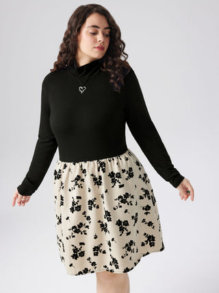 Jacquard Stand Collar Floral Mini Dress Curve & Plus