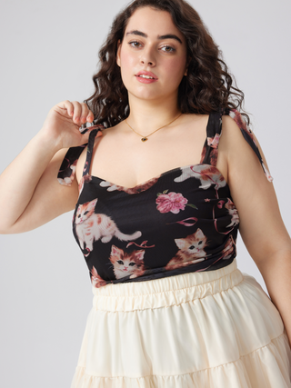 Mesh Square Neck Cat & Flower Knotted Bodysuit Curve & Plus