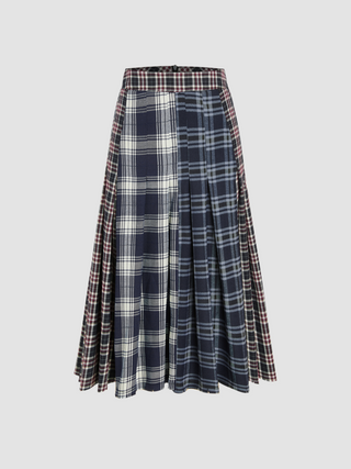 Mid Waist Check Patchy Pleated Maxi Skirt