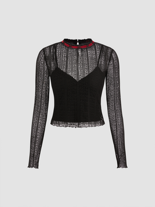 Lace See-Through Long Sleeve Top With V Neck Cami Top