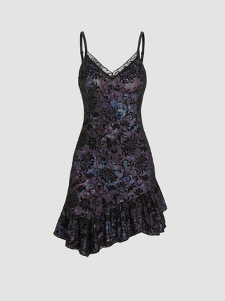 Jacquard Floral Lace Asymmetrical Hem Mini Dress