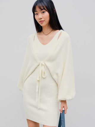 Round Neck Solid Knitted Tank Mini Dress & Long Sleeve Bowknot Cardigan