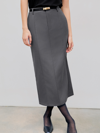 Middle Waist Solid Belted Maxi Skirt