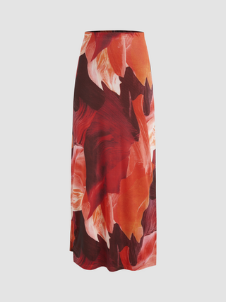 Mesh Mid Rise Floral Split Maxi Skirt