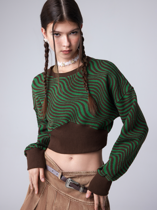 Round Neck Chevron Stripe Corset Crop Sweatshirt