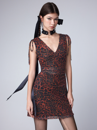 Mesh V-neck Leopard Drawstring Mini Dress