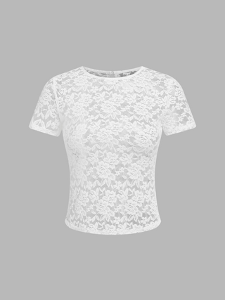 Round Neck Floral Lace See-through Short Sleeve Tee