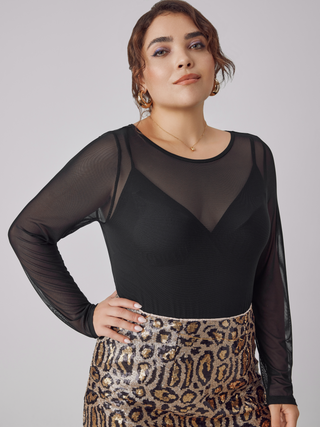 Jersey Round Neckline Patchy Bodysuit Curve & Plus