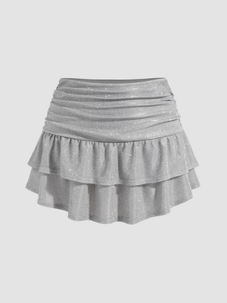 Metallic Mid Rise Ruched Ruffle Hem Mini Skirt