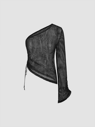 Mesh Asymmetrical Neck See-through Long Sleeve Top